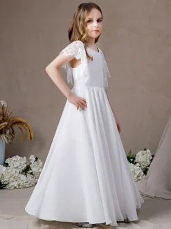 Robe de demoiselle d'honneur en dentelle à manches courtes en mousseline de soie longue robe de soirée