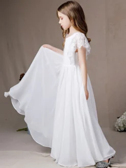 Robe de demoiselle d'honneur en dentelle à manches courtes en mousseline de soie longue robe de soirée