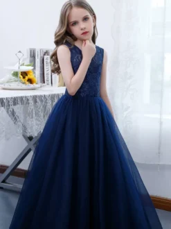Robe de demoiselle d'honneur fille dentelle dentelle col bijou sans manches bleu marine foncé