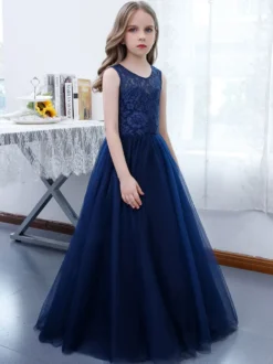 Robe de demoiselle d'honneur fille dentelle dentelle col bijou sans manches bleu marine foncé
