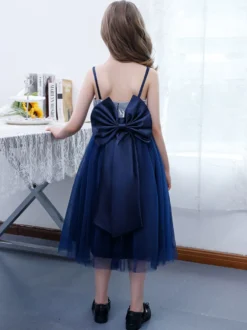 Robe de demoiselle d'honneur fille en mousseline de soie dentelle col carré sans manches bleu marine foncé