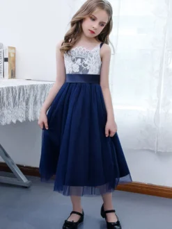 Robe de demoiselle d'honneur fille en mousseline de soie dentelle col carré sans manches bleu marine foncé