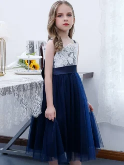 Robe de demoiselle d'honneur fille en mousseline de soie dentelle col carré sans manches bleu marine foncé