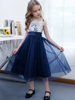 Robe de demoiselle d'honneur fille en mousseline de soie dentelle col carré sans manches bleu marine foncé