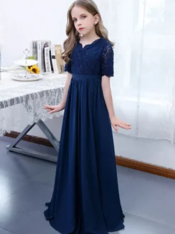 Robe de Demoiselle d'Honneur Fille Mousseline de Soie Dentelle Col V Manches Courtes Bleu Marine Foncé