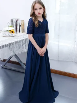Robe de Demoiselle d'Honneur Fille Mousseline de Soie Dentelle Col V Manches Courtes Bleu Marine Foncé