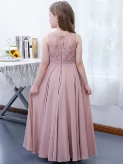 Robe de demoiselle d'honneur fille mousseline de soie dentelle col bijou sans manches rose lotus