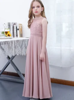 Robe de demoiselle d'honneur fille mousseline de soie dentelle col bijou sans manches rose lotus