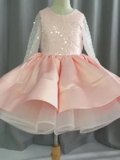 Robe de demoiselle d'honneur fille tulle perlé col bijou manches longues champagne
