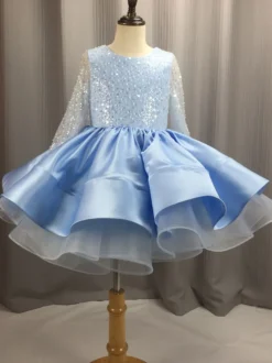 Robe de demoiselle d'honneur fille tulle perlé col bijou manches longues champagne