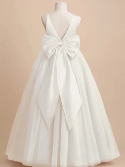Robe de demoiselle d'honneur ivoire Tulle nœuds col en V sans manches robes de soirée filles