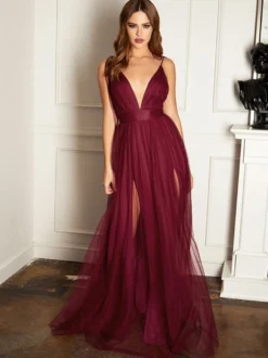 Robe de demoiselle d'honneur robe de soirée cocktail mariage col v dos nu jupe fendue au sol