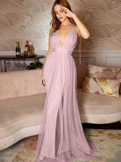 Robe de demoiselle d'honneur robe de soirée cocktail mariage col v dos nu jupe fendue au sol