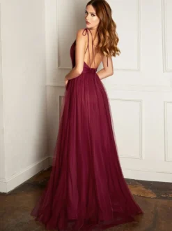 Robe de demoiselle d'honneur robe de soirée cocktail mariage col v dos nu jupe fendue au sol