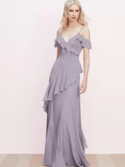 Robe de demoiselle d'honneur à volants bretelles spaghetti dos nu ligne a robes de bal en mousseline de soie