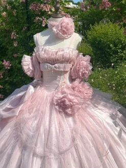 Robe de fée rose Sweet Lolita à spaghetti et nœud floral robe Lolita longue au sol