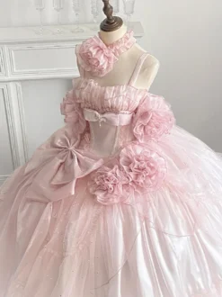 Robe de fée rose Sweet Lolita à spaghetti et nœud floral robe Lolita longue au sol