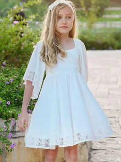 Robe de fille de fleur blanche col carré demie-manche robe cortège enfant robe cérémonie fille