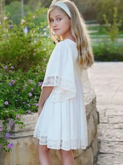 Robe de fille de fleur blanche col carré demie-manche robe cortège enfant robe cérémonie fille