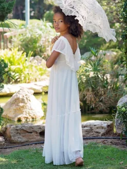 Robe de fille de fleur blanche en dentelle dos en V longueur au sol robe cortège enfant