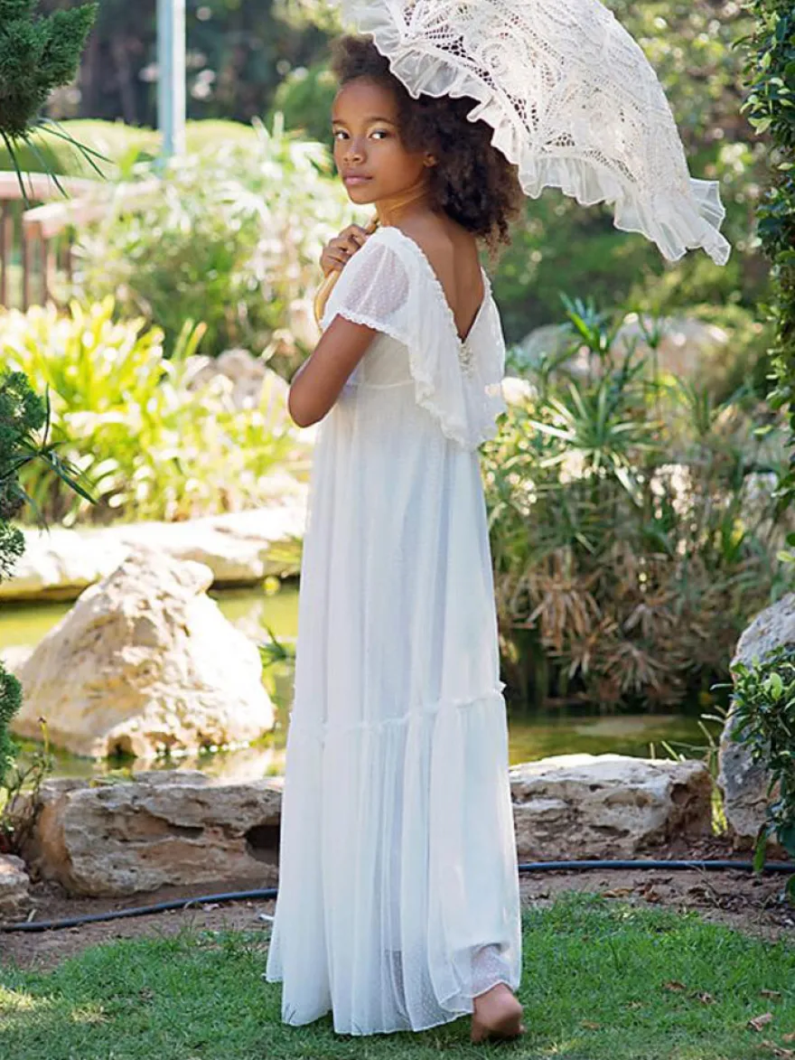 Robe de fille de fleur blanche en dentelle dos en V longueur au sol robe cortège enfant