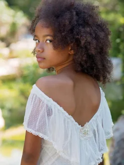 Robe de fille de fleur blanche en dentelle dos en V longueur au sol robe cortège enfant
