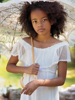 Robe de fille de fleur blanche en dentelle dos en V longueur au sol robe cortège enfant