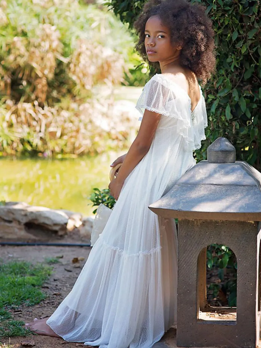 Robe de fille de fleur blanche en dentelle dos en V longueur au sol robe cortège enfant