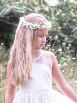 Robe de fille de fleur blanche en dentelle col rond décolleté décoré de noeud sur dos robe cortège enfant