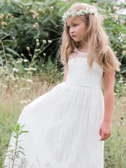 Robe de fille de fleur blanche en dentelle col rond décolleté décoré de noeud sur dos robe cortège enfant