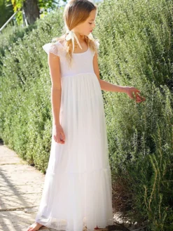 Robe de fille de fleur blanche en dentelle col carré longueur au sol robe cortège enfant