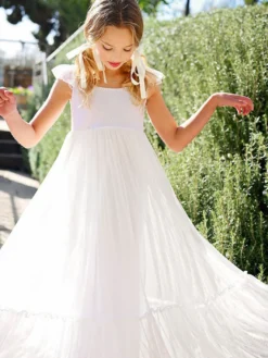 Robe de fille de fleur blanche en dentelle col carré longueur au sol robe cortège enfant