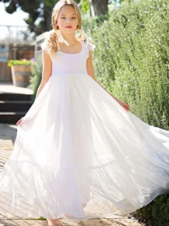 Robe de fille de fleur blanche en dentelle col carré longueur au sol robe cortège enfant