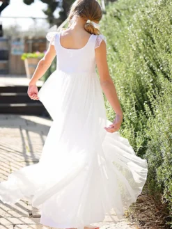 Robe de fille de fleur blanche en dentelle col carré longueur au sol robe cortège enfant