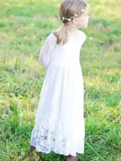 Robe de fille de fleur blanche Robe à col rond en dentelle manche longue