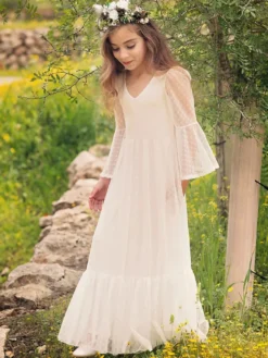 Robe de fille de fleur blanche en dentelle col V manche longue transparente à cheville robe cortège enfant