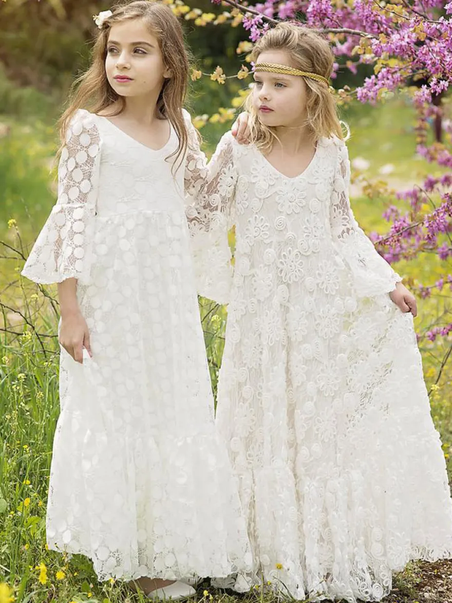 Robe de fille de fleur ivoire col rond demie-manche en dentelle