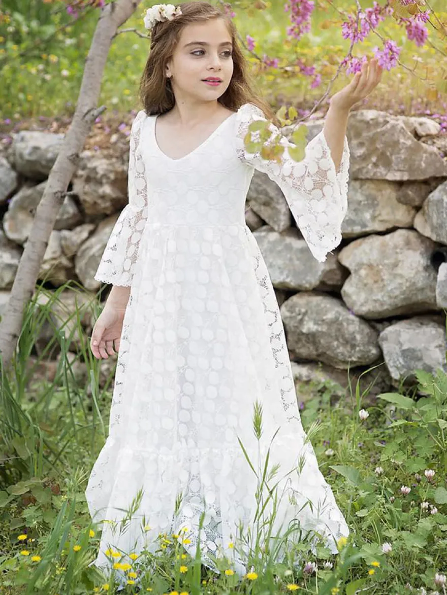 Robe de fille de fleur ivoire col rond demie-manche en dentelle