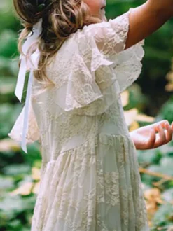 Robe de fille de fleur ivoire en dentelle col rond manche courte longueur au sol robe cortège enfant robe cérémonie fille