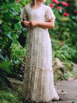 Robe de fille de fleur ivoire en dentelle col rond manche courte longueur au sol robe cortège enfant robe cérémonie fille