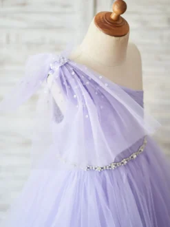 Robe de fille de fleur lavande en tulle une épaule jupe plissé robe cortège enfant robe cérémonie fille