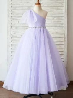 Robe de fille de fleur lavande en tulle une épaule jupe plissé robe cortège enfant robe cérémonie fille