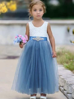 Robe de fille de fleur robe cortège enfant bleu col rond avec ceinture