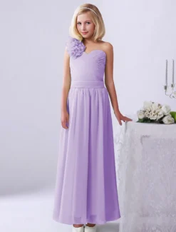 Robe de fille de fleur robe cortège enfant verte en chiffon bustier à une épaule zip sur dos longueur cheville