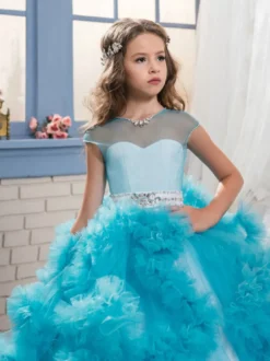 Robe de fille de fleur rose en tulle à volants au sol robe cortège enfant robe cérémonie fille