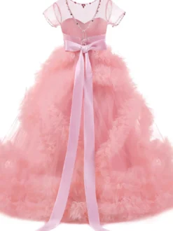 Robe de fille de fleur rose en tulle à volants au sol robe cortège enfant robe cérémonie fille