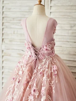 Robe de fille de fleur saumon rose en tulle col rond dos en V avec laçage décoré des fleurs longueur au sol Robe princesse d'enfant