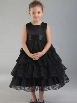 Robe de fleur Robe de la dentelle de la dentelle de jewel sans manches Black