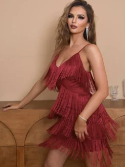 Robe de fête d'anniversaire col en V franges sexy sans manches dos nu robes courtes