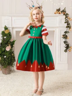 Robe de fête pour Noël Green Polyester Fiber Imprimerie des vacances de Noël Costumes Robe